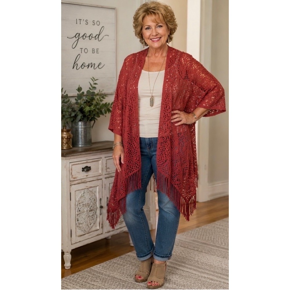 Womens Shawl Wrap One Size Rust Burgundy Open Knit Lace Fringe‎ Boho